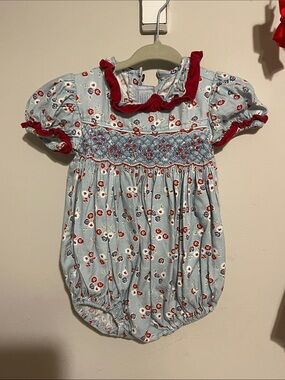 Smocked Floral Baby Bubble Romper in Light Blue and Red
